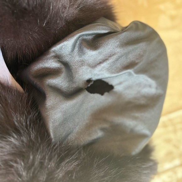 Black Sheared Beaver & Leather Reversible Coat with Fox Fur Lined Hood M/L - Picture 9 of 13